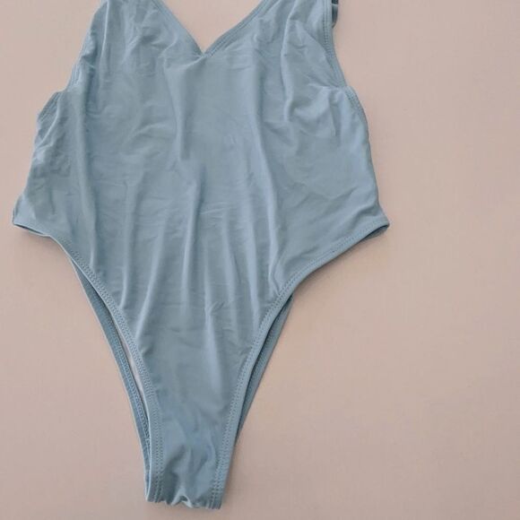 Womens SheIn One Piece Bathing Suit Monokini Ruffle Deep Plunge Small Light Blue - Picture 6 of 9